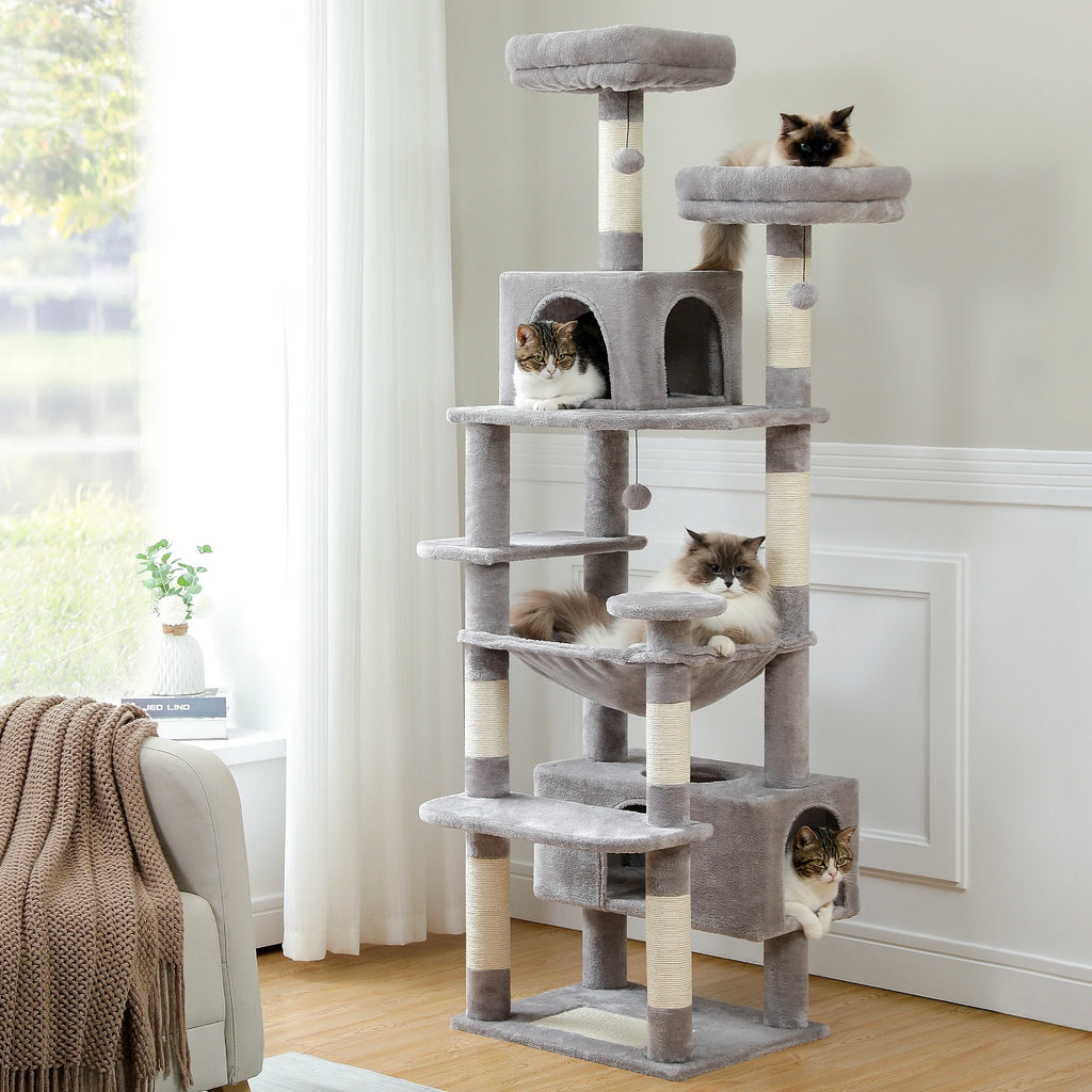 Árbol Rascador Multinivel para Gatos con Postes Rascadores, Hamaca, Casita, Percha Espaciosa y Bolas Colgantes para Gatos de Interior