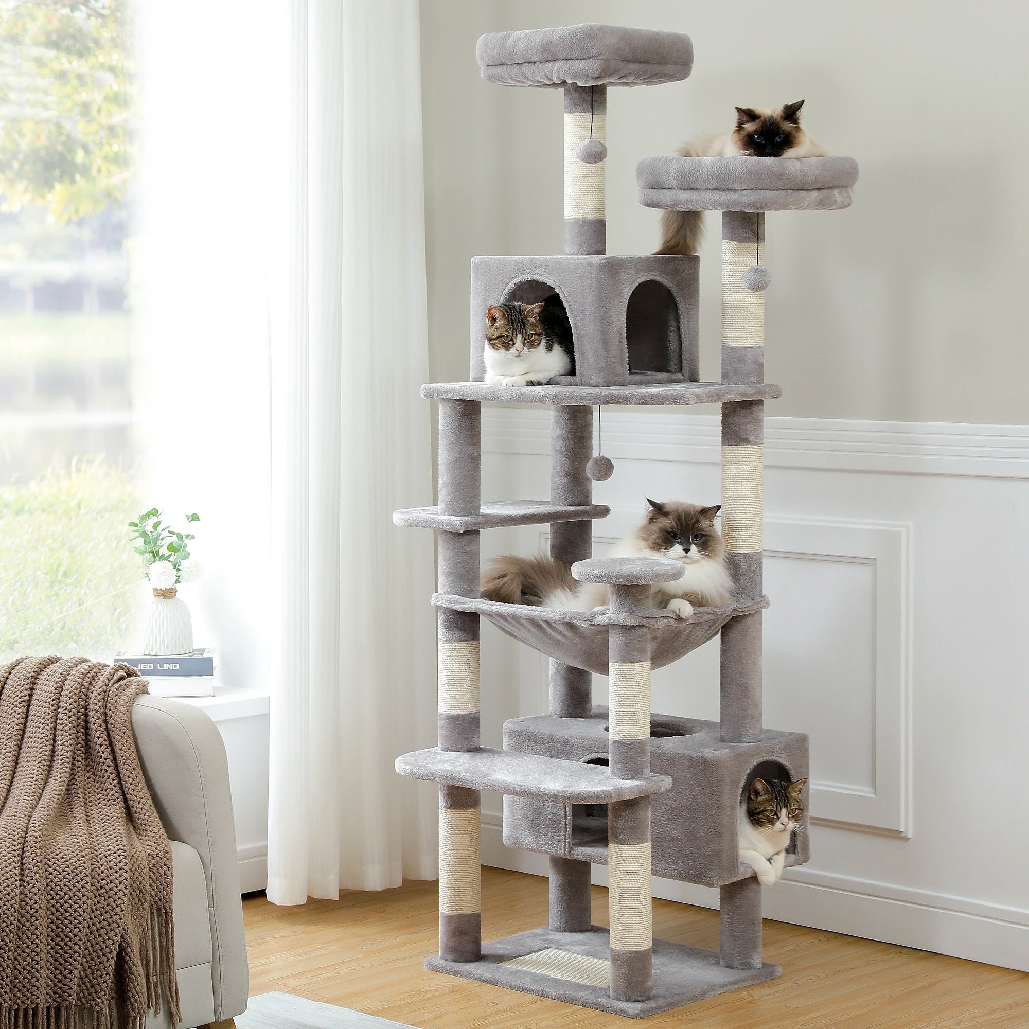 Árbol Rascador Multinivel para Gatos con Postes Rascadores, Hamaca, Casita, Percha Espaciosa y Bolas Colgantes para Gatos de Interior