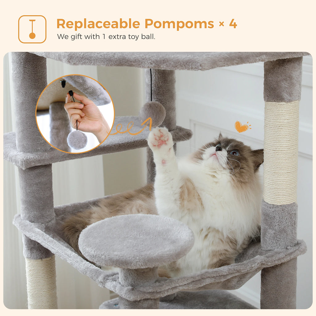 Árbol Rascador Multinivel para Gatos con Postes Rascadores, Hamaca, Casita, Percha Espaciosa y Bolas Colgantes para Gatos de Interior