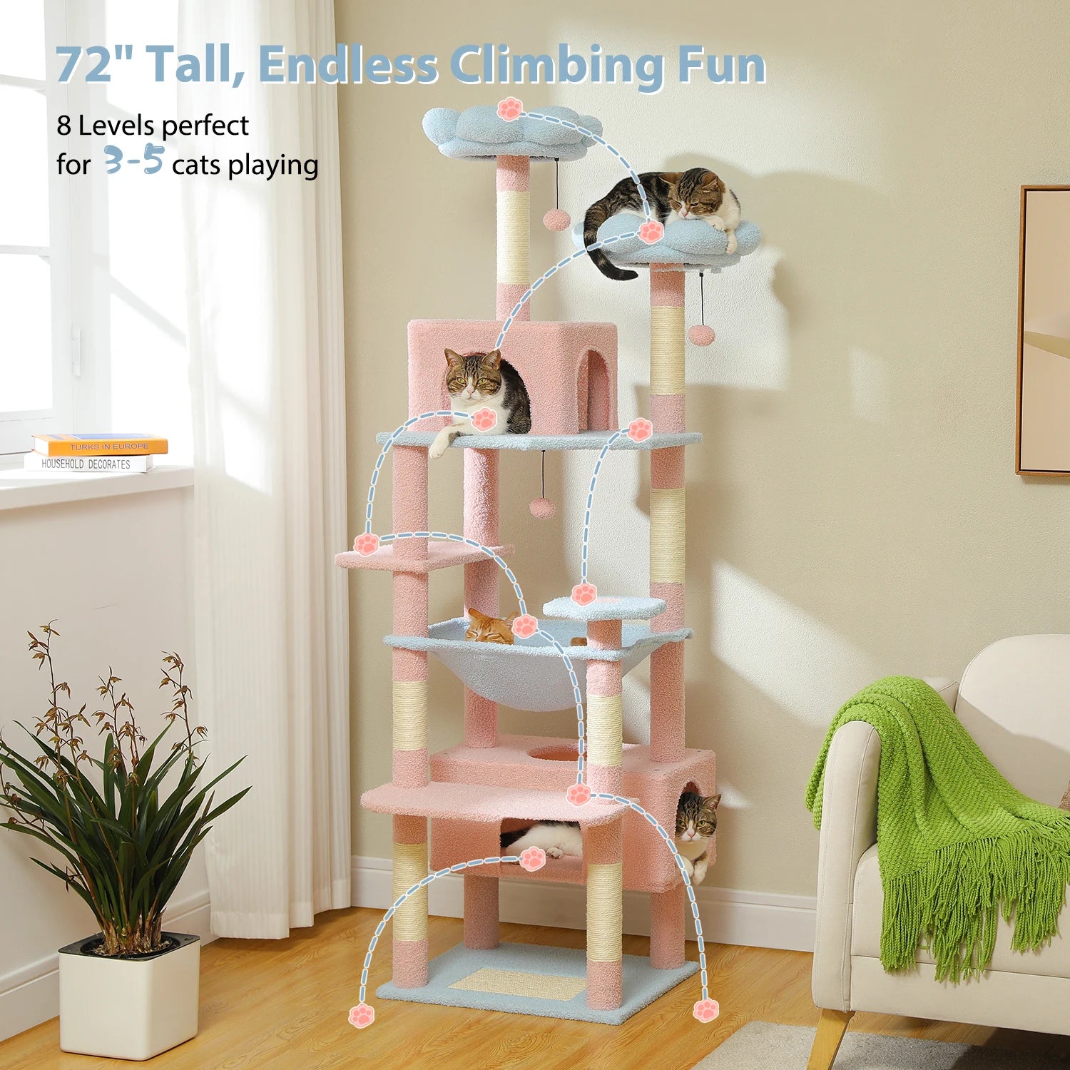 Árbol Rascador Multinivel para Gatos con Postes Rascadores, Hamaca, Casita, Percha Espaciosa y Bolas Colgantes para Gatos de Interior
