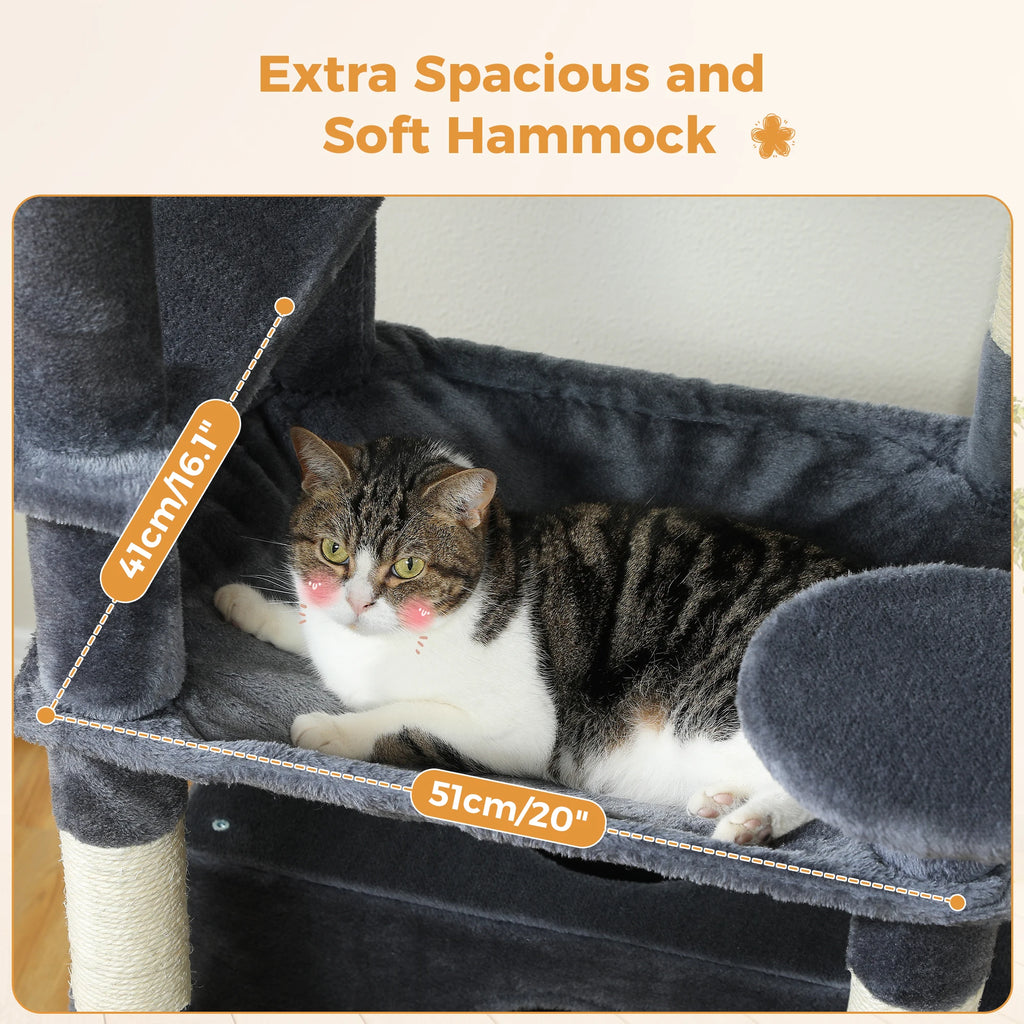 Árbol Rascador Multinivel para Gatos con Postes Rascadores, Hamaca, Casita, Percha Espaciosa y Bolas Colgantes para Gatos de Interior