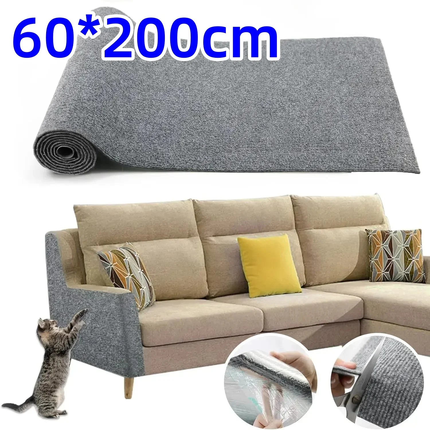 Protector de Sofá Rascador para Gatos Autoadhesivo 60x200cm - Alfombrilla Recortable DIY