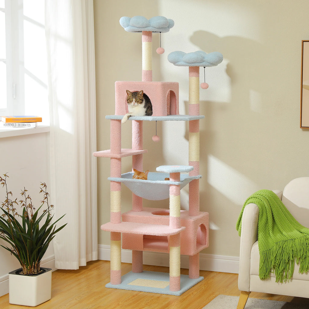 Árbol Rascador Multinivel para Gatos con Postes Rascadores, Hamaca, Casita, Percha Espaciosa y Bolas Colgantes para Gatos de Interior