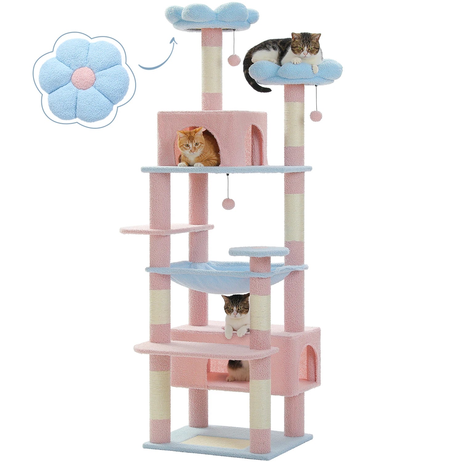 Árbol Rascador Multinivel para Gatos con Postes Rascadores, Hamaca, Casita, Percha Espaciosa y Bolas Colgantes para Gatos de Interior