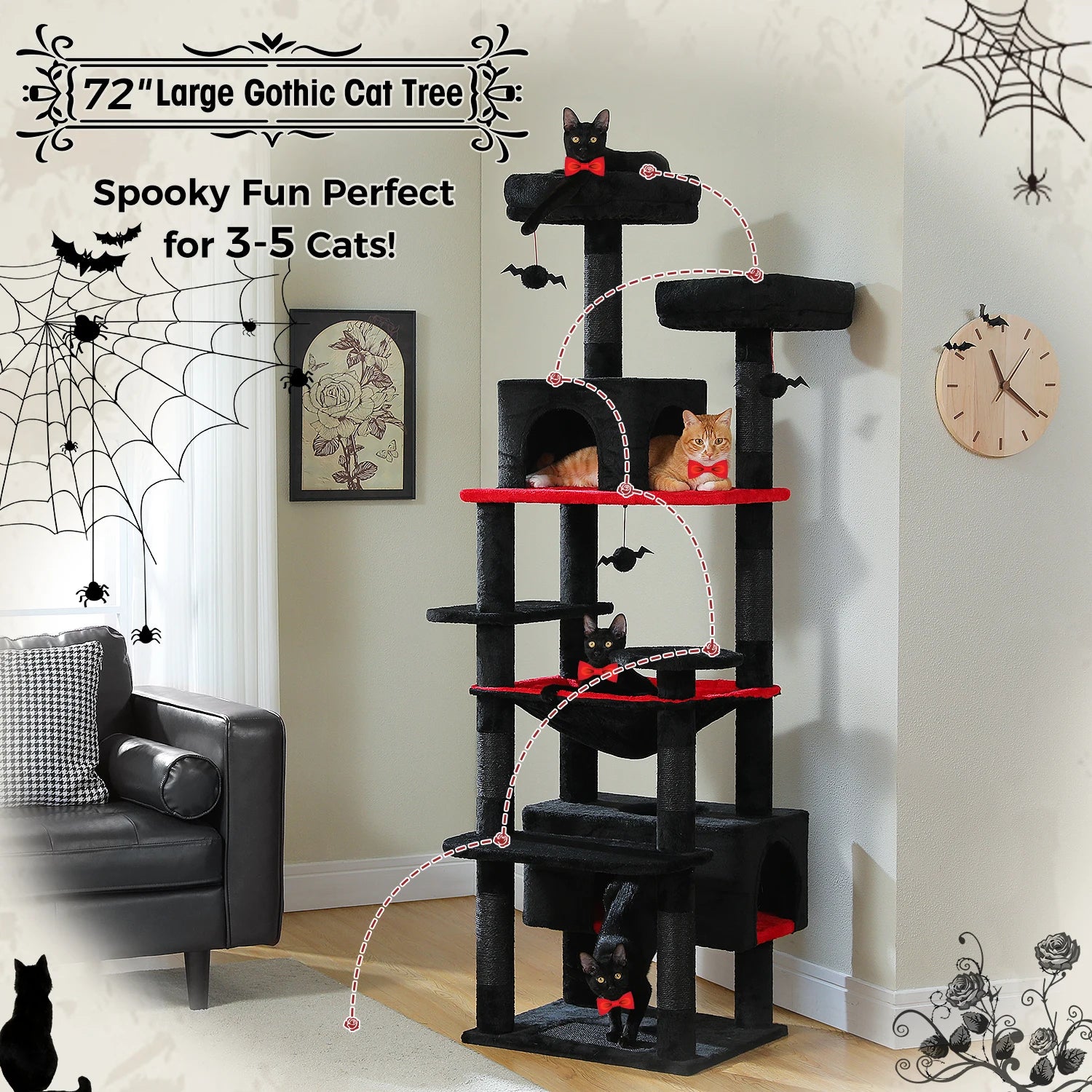 Árbol Rascador Multinivel para Gatos con Postes Rascadores, Hamaca, Casita, Percha Espaciosa y Bolas Colgantes para Gatos de Interior